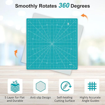 Headley Tools 17"x17" Rotating Cutting Mat, Self Healing Mat with 360-Degree Rotation & Anti-Slip Base, Sewing Board Cutting Mat Perfect for Fabric Quilting Leather Hobby Project, Turquoise