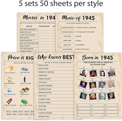 80th Birthday Party Games, Born in 1945 Games Bundle, Set of 5 Activities for 10 Guests, Birthday Party Supplies for Adults, Pack of 50 Cards