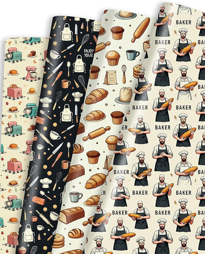 Pineraap 12 Sheets Baking Theme Wrapping Paper, Cute Baker Design Gift Wrap Paper with Croissant, Bread, Folded Flat Art Paper for Baking Lover, Baker, Birthday, DIY Crafts, 19.7 x 27.6 Inch