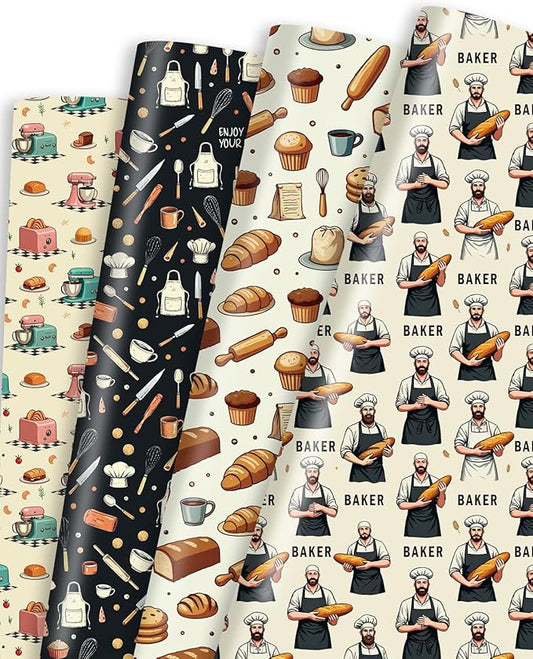 Pineraap 12 Sheets Baking Theme Wrapping Paper, Cute Baker Design Gift Wrap Paper with Croissant, Bread, Folded Flat Art Paper for Baking Lover, Baker, Birthday, DIY Crafts, 19.7 x 27.6 Inch