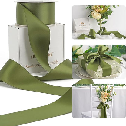 HUIHUANG Moss Green Ribbon 2 inch Double Face Green Satin Ribbon Olive Green Ribbon for for Flower Bouquet Wrap, Wedding Invitations Card, Gift Wrapping, Holiday Decor, Bows Crafts -25 Yards/Roll
