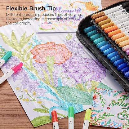 Shuttle Art Dual Tip Brush Marker Pens, 105 Colors Fine and Brush Tip Markers Set in Portable Case with 1 Coloring Book for Kids, Water-based Ink Adult Artist Coloring Calligraphy Journal Doodling