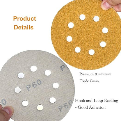 5-Inch 8-Hole Hook and Loop Sanding Discs 60-Grit Random Orbit Sandpaper, 100-Pack