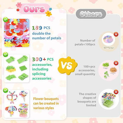 GirlsHome 300+PCS Fabric Flower Bouquets Toys, DIY Flower Crafts Kits for Kids, Arts and Crafts for Kids Ages 6-8 Girls, Build Flower Bouquet, STEM Educational Toy Preschool Gifts (White Pink)