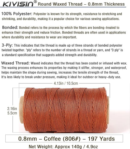 Bonded 0.8mm Round Waxed Polyester Cord, 3-ply Wax Coated Thread, 197 Yards Stiff String for Heavy Duty Fabric, Leather Sewing, Book Binding, Upholstery Repair, and Macrame Jewelry - Coffee