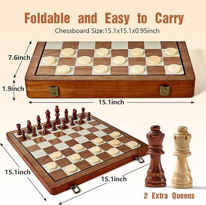 MerryPony 2 in 1 Magnetic Wooden Chess and Checkers Set, 15" Foldable Chess set for Adults & Kids, Chess Board with 2 Extra Queens, Travel Chess Set with Pieces Storage Slots, Ideal Chess for Beginner