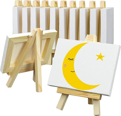 FIXSMITH 3x4 Inch Mini Stretched Canvas Easel Set- Bulk Pack of 12,Set Contains 12 Rectangle Canvases &12 Mini Easels,Small White Art Canvases & Wood Easels for Painting Craft Drawing Decoration