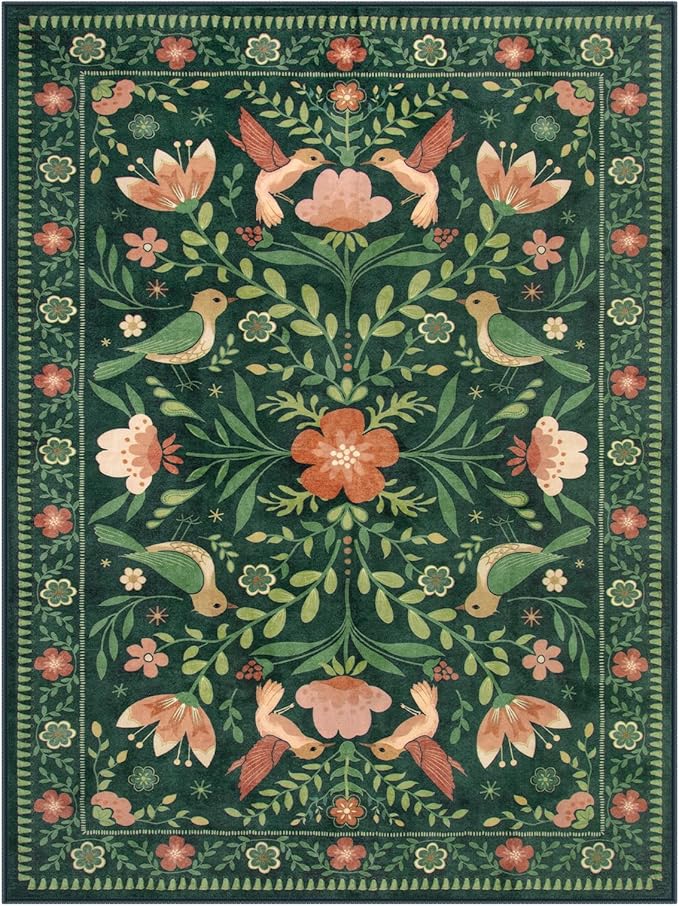 Morebes Washable Rugs 9x12 for Living Room, Large Bird Floral Area Rug Non Slip, Soft Boho Ultra-Thin Insect Carpet for Bedroom Home Office Dining Room Farmhouse, Green