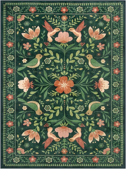 Morebes Washable Rugs 9x12 for Living Room, Large Bird Floral Area Rug Non Slip, Soft Boho Ultra-Thin Insect Carpet for Bedroom Home Office Dining Room Farmhouse, Green