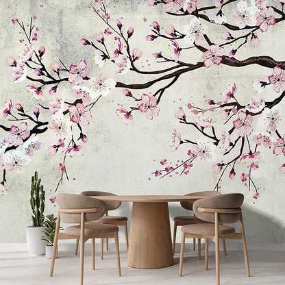 wall26 Large Wall Mural Watercolor Style Ink Painting Pink Cherry Blossom on Vintage Wall Background | Self-Adhesive Vinyl Wallpaper/Removable Modern Wall Decor - 132x120 inches