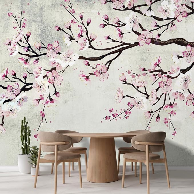 wall26 Large Wall Mural Watercolor Style Ink Painting Pink Cherry Blossom on Vintage Wall Background | Self-Adhesive Vinyl Wallpaper/Removable Modern Wall Decor - 120x168 inches