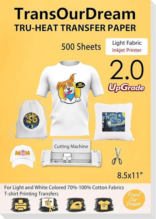 TransOurDream Heat Iron on Transfer Paper for Light T Shirts (500 Sheets, 8.5x11", 2.0) Printable HTV Heat Transfers Vinyl for Inkjet Printer, Iron on Transfers for Light Fabric