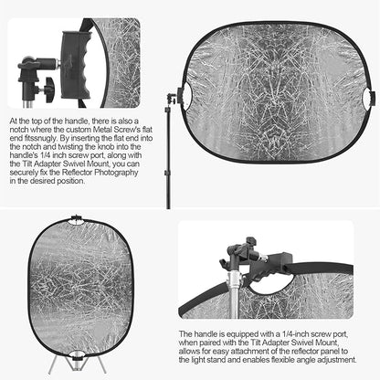 WELLMAKING 35''x47'' (90x120cm) Reflector Photography with Threaded Handle, Collapsible Light Reflector with Bag & tilt Adapter, 5in1 Reflector for Studio - Translucent, Silver, Gold, White and Black