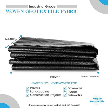 Woven Geotextile Fabric for Driveway and Road Stabilization, Construction Underlayment, Erosion Control, Commercial Grade 50 Year for Gravel Roads and Pavers (12.5x60) Ships Folded