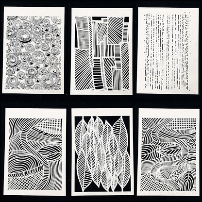 TIAMECH 6 Pcs A4 Reusable Geometric Stencils for Painting - Hollow Leaves & Abstract Curve Lines Texture Layering Templates, DIY Wall Art, Furniture, Scrapbook & Crafts