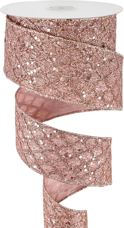 HUIHUANG Rose Gold Glitter Wired Ribbon for Christmas Tree 2.5 inch Rose Gold Diamond Mesh Ribbon for Tree Decoration, Wreaths, Garland, Gift Wrapping, Bows Making, Home Decor -10 Yards