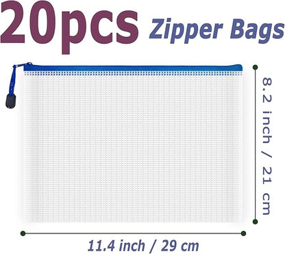 AUSTARK 20 Pcs Zipper File Bags, Plastic Mesh Pouch, Board Game Storage Bag, Waterproof Bags for Office School (B5 Size 11.4''x8.2'', White and Blue)