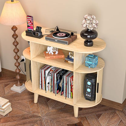 Large Round Record Player Stand with Charging Station & USB Ports，Record Storage Cabinet, Mid Century Modern Turntable Stand for Bedroom Living Room (Small Oak)