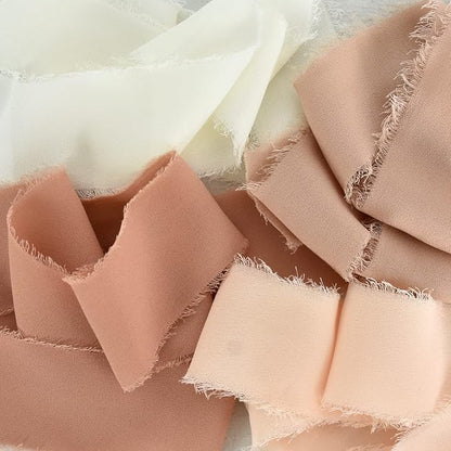 TONIFUL 4 Rolls Silk Chiffon Ribbon, 1-1/2 Inch x 22yds, Beige and Cream Chiffon Ribbons Set, Handmade Fringe Silk Ribbon for Gift Wrapping Bridal Bouquets Wedding Invitations Decoration Crafts