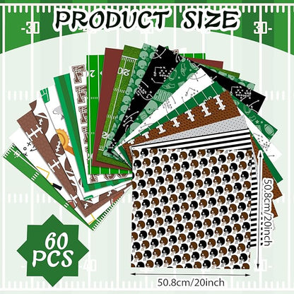 Ganeen 60 Pcs 10 x 10 Inch Football Quilting Fabric Squares Vintage Football Fat Patchwork Precut Strips Retro Green and Brown Fabric Bundles for Holiday DIY Craft Sewing Quilt Material Handmade