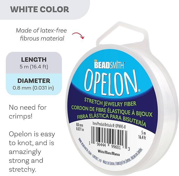 The Beadsmith Opelon Stretch Cord – Elastic Beading Fiber, White, 0.8 mm Diameter, 5 Meters (16.4 ft) Spool