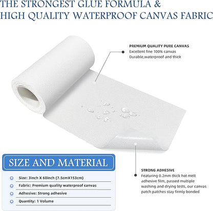 KING MOUNTAIN Canvas Iron on Patch,3"×60",Waterproof 100% Cotton Fabric Repair Patch,Used for Various Sofa,Tent,Clothes,Seats,Suitcases (White)