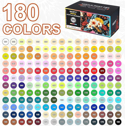 NICETY 180 Acrylic Paint Markers, Acrylic Paint Pens Brush Tip for Rock Painting, Wood, Glass, Stone, Canvas, Ceramic, Fabric - Acrylic Markers DIY Craft & Art Supplies for Adults, Artists