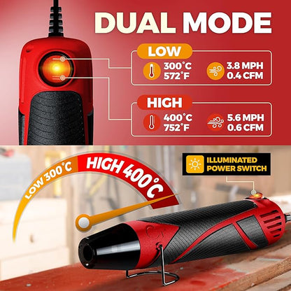 Heat Gun for Crafting, Mini Dual Temp Hot Air Gun Tool for Epoxy Resin, Shrink Wrapping, Vinyl Wrap, Embossing, Electronics, Candle Making, Sublimation, Phone Repair & DIY (Red/Black)
