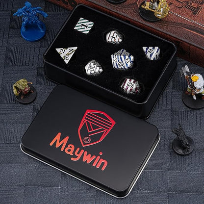 Metallic Stripes Dice with Gift Case, D&D Metal Polyhedral Dice Sets for Tabletop Games (Pearl Silver Seven Colors)
