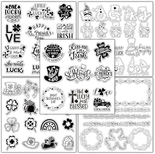 Whaline 5 Sheet St. Patrick's Day Clear Stamps Wreath Shamrock Lucky Words Silicone Transparent Stamps Border Stamp Cards for Irish DIY Crafts Card Making Scrapbooking Embossing Album Decor