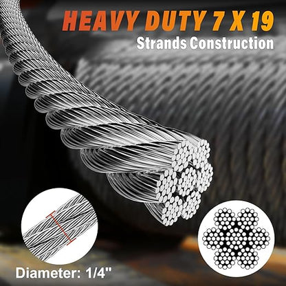 Stainless Steel Cable for Railing - 100FT 1/4" T316 Wire Rope with Clamps and Thimbles - 7 x 19 Strands 6700 LBS Breaking Strength for Outdoor Deck Railing Zipline