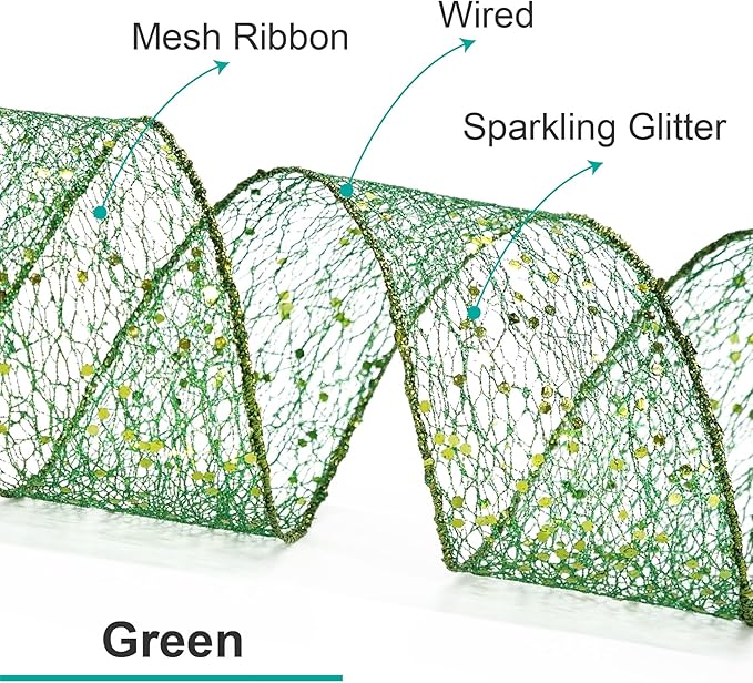 CT CRAFT LLC Sparkling Glitter Mesh Wired Ribbon 2.5" x 10 Yards Green for Christmas Home Decor Bow Gift Wrapping DIY Crafts Wreath