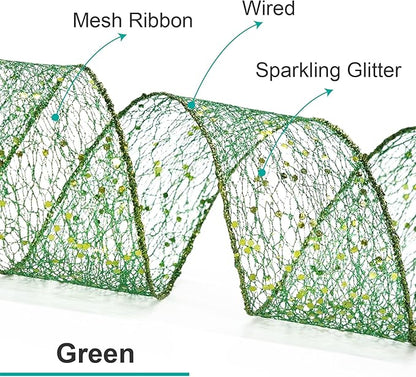 CT CRAFT LLC Sparkling Glitter Mesh Wired Ribbon 2.5" x 10 Yards Green for Christmas Home Decor Bow Gift Wrapping DIY Crafts Wreath