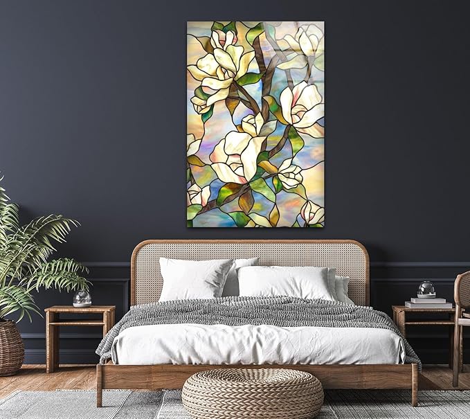 My Photostation.com 40WX60H'' Stained Magnolia Glass Wall Art Tempered Glass Printing Wall Decor Large Wall Art Wall Hangings