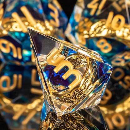 OUKELANWO Magic Lord Rings DND Dice Set with Box, 7Pcs Resin LOTR D&D Dice Set for Role Playing Game, Blue Gold Dungeons Dragons D and D Sharp Edge Dice D20 D12 D10 D8 D6 D4