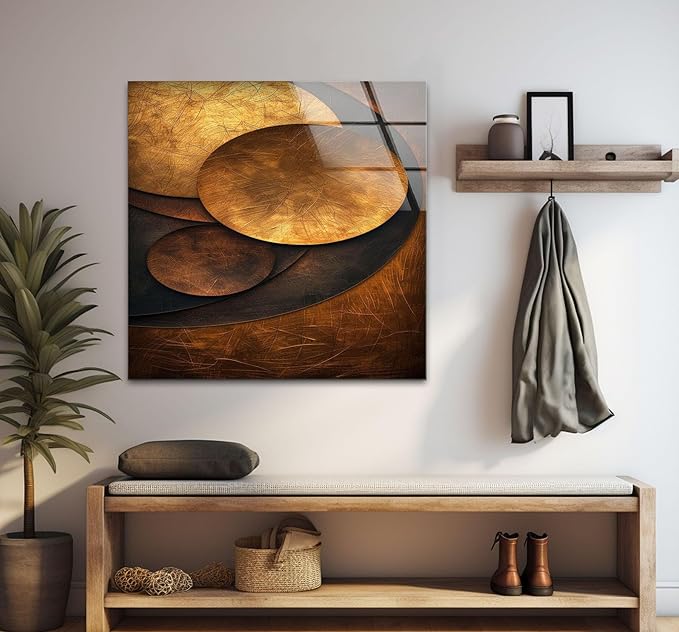 My Photostation.com 18Wx28H'' Bronze Art Deco Geometric Motifs Glass Wall Art Tempered Glass Printing Wall Decor Large Wall Art Wall Hangings