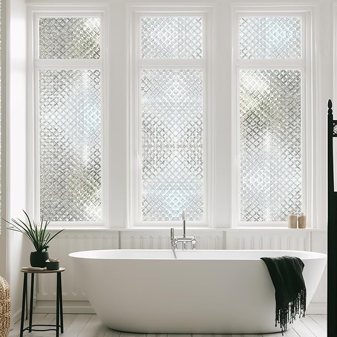 Qualsen Window Privacy Film, Stained Glass Window Film Heat Control UV, Frosted Rainbow Bathroom Decorative Film 3D Static Clings, Peel and Stick Window Tint for Home,17.5x78.7inch