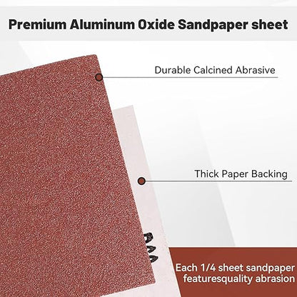 1/4 Sandpaper Sheet – 4-1/2” x 5-1/2”, P80 Grit, Red Aluminum Oxide, Plain Backing, 50-Pack – Sandpaper Sheets for Palm Sanders and Woodworking