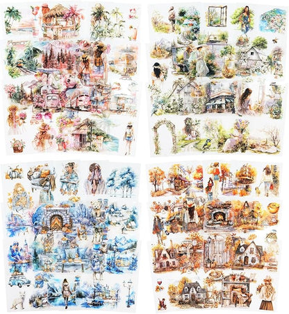 Seasons Journey Pre-Cut PET Sticker Set, 80 Sheets of Seasonal Travel-Themed Stickers for Scrapbooking, Journaling, DIY Crafts, and Junk Journal Ephemera