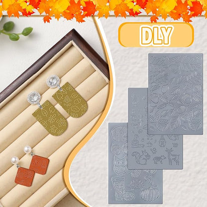 12 Pcs Fall Polymer Clay Texture Sheets Set, Maple Leaves, Pumpkin Miniature Clay Molds Pine Cone Pattern Silicone Polymer Clay Molds for Fall Autumn Thanksgiving Jewelry Earrings Making