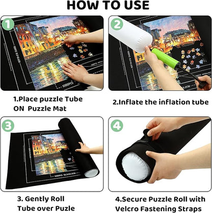 Portable Puzzle Mat Roll Up - with 9 Glue Sheets, Sorting Trays, Hand Pump, Inflatable Tube, and Storage Bag - Perfect for Kids and Adults (Black, 1500pcs)