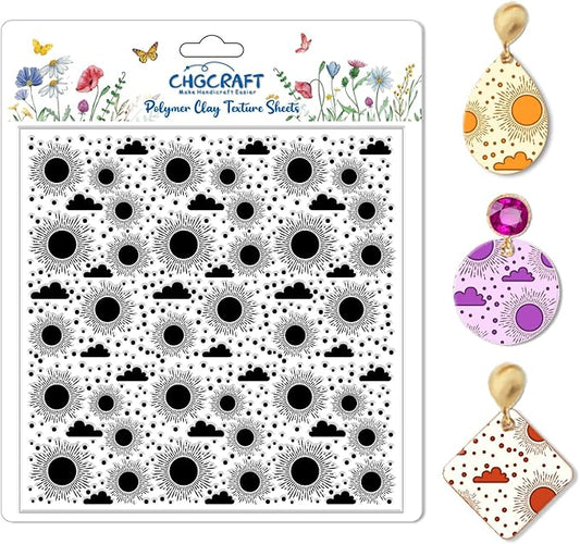 CHGCRAFT Sun and Cloud Polymer Clay Texture Sheets Geometric Pattern Silicone Texture Stamp Clay Texture Mat Modeling Pattern Pad Sheets for Jewelry and Earrings Tools, 5.5x5.5 inch