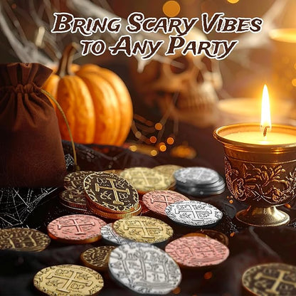 Large Metal Pirate Coins - 100 Bronze, Silver, Gold & Rose Gold Treasure Coin Set, Metal Replica Spanish Doubloons for Pirate Party Decorations & Favors, Tokens, Toys, Cosplay, Treasure Chest