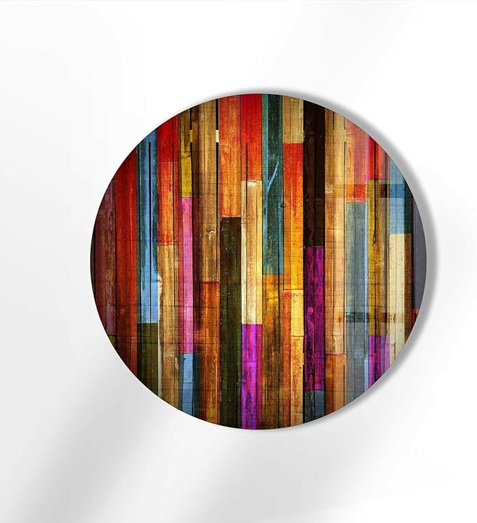 My Photostation.com 20''(50cm) Diameter Colorful Wood Pattern Round Glass Wall Art Tempered Glass Printing Wall Decor Large Wall Art Wall Hangings