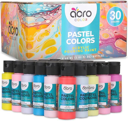 Acrylic Pouring Paint Set | 30 Vibrant Colors Including An Array Of Metallic, Neon & Pastel Paints | Pre Mixed, Ready to Use, High Flow Paint For Canvas, Paper, and More | 2 Ounces Per bottle (Pastel