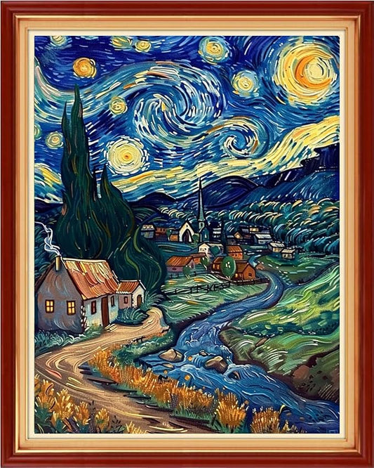 Magxvouy Cross Stitch Kits Stamped Full Range of Embroidery Kits,Cross Stitch Patterns Needlework Kits for Beginners 11CT Printed Kits&Starry Night 16x20 inch