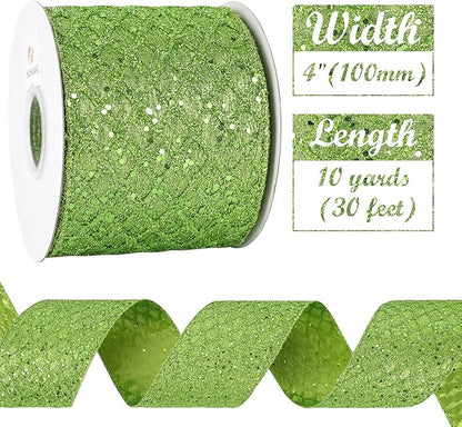 HUIHUANG Lime Green Glitter Wired Ribbon - 4 inch x 10 Yards (30 Feet) - Polyester Material - Perfect for Christmas, Halloween & More - Geometric Pattern - Wired Edges for Easy Shaping