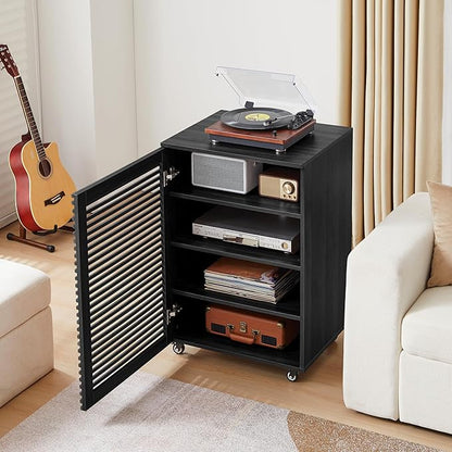 LEVNARY 5-Tier AV Media Cabinet with Grille Door & Adjustable Shelves, Modern Wooden Stereo Rack with Cable Management & Wheels, Audio Video Stand for Living Gaming Room Recording Studio (Black)