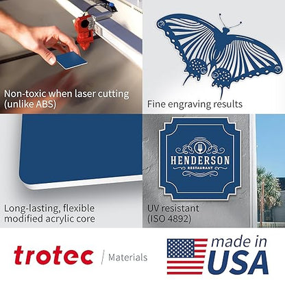 Trotec TroLase | 12"x24"x1/16", 4 Pcs | Light Blue/White | 2 Ply | Modified Acrylic | Laser Engraving Double Color Plastic Sheet | Engraving Blanks for Laser, Saw, Guillotine | Made in USA