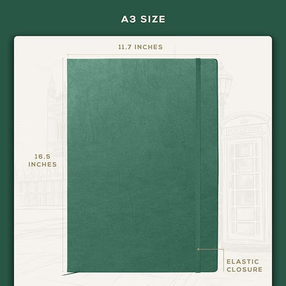 Beechmore Books A3 Sketchbook – 11.7x16.5 Premium Vegan Leather Bound Large Sketch Book Hardcover with 160 Thick 160gsm Perforated Ivory Pages, Blank Sketch Pad Gift Boxed Back Pocket Ribbon Bookmark